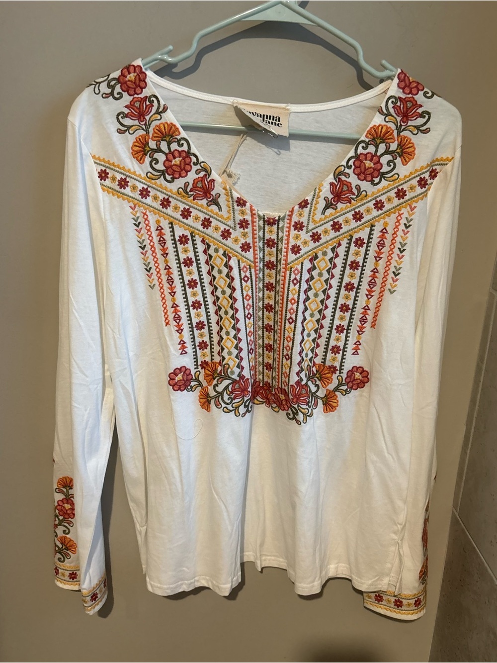 Savanna Jane White Long-Sleeve Top with Red, Orange & Yellow Embroidery